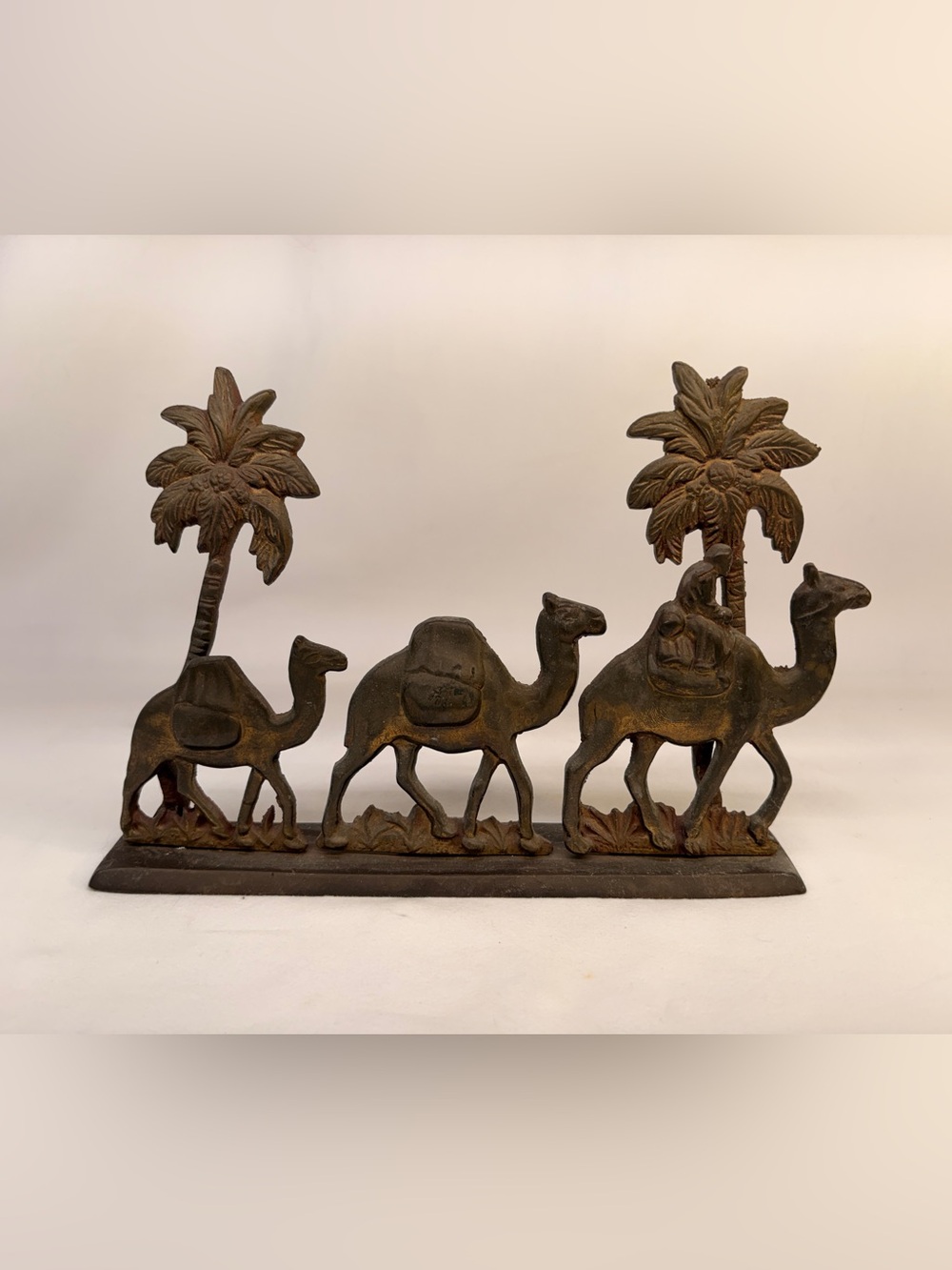 Vintage Heavy Brass Camel Caravan Desert Palm Tree Statue